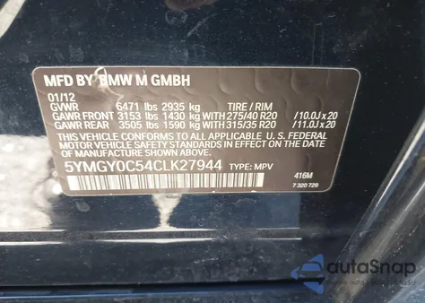 2012 BMW X5 M z USA, uszkodzony, nr VIN 5YMGY0C54CLK27944